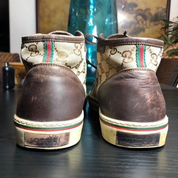 Gucci GG Wingtip Canvas High Top Sneakers Beige Brown 163236 9G Men’s US 10 - Picture 8 of 11